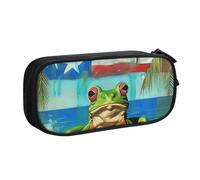 KCGSDEGV Puerto Rico Flag Frog Palm Trees Printed Pen Pencil Cases for School Girls Boys, Large Capacity Cute Pencil Bag Holder Stationery Organizer Box,Black