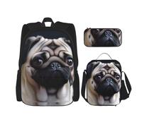 KCGSDEGV Pug Dog Printed Prints School Bag 3Pcs Bookbag Sets with Lunch Bag Pencil Case, Cute Student Backpack Set for Teen Girls Boys