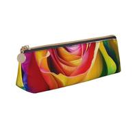 KCGSDEGV Rainbow Rose Flower Printed Triangle Pencil Case Cute Leather Pencil Pouch Pen Bag Holder Stationery Organizer Box for School Girls Boys