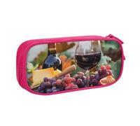 KCGSDEGV Red Wine Galsses & Grapes with Wooden Printed Pen Pencil Cases for School Girls Boys, Large Capacity Cute Pencil Bag Holder Stationery Organizer Box,Pink
