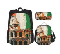 KCGSDEGV Roman Colosseum Italian Flag Printed Prints School Bag 3Pcs Bookbag Sets with Lunch Bag Pencil Case, Cute Student Backpack Set for Teen Girls Boys