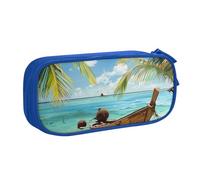 KCGSDEGV Seaside Boat Coconut Leaves Printed Pen Pencil Cases for School Girls Boys, Large Capacity Cute Pencil Bag Holder Stationery Organizer Box,Blue