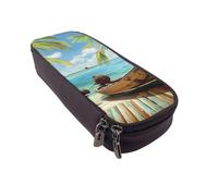 KCGSDEGV Seaside Boat Coconut Leaves Printed Pen Pencil Cases for Students Girls Boys, Cute Leather Pencil Bag Pouch Holder Stationery Organizer for School Work Travel