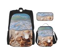 KCGSDEGV Shells on The Beach Printed Prints School Bag 3Pcs Bookbag Sets with Lunch Bag Pencil Case, Cute Student Backpack Set for Teen Girls Boys