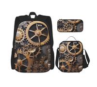 KCGSDEGV Steampunk Mechanical Gears Printed Prints School Bag 3Pcs Bookbag Sets with Lunch Bag Pencil Case, Cute Student Backpack Set for Teen Girls Boys