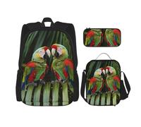 KCGSDEGV Two Parrots on Green Palm Tree Printed Prints School Bag 3Pcs Bookbag Sets with Lunch Bag Pencil Case, Cute Student Backpack Set for Teen Girls Boys