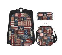 KCGSDEGV USA Flag Patchwork Printed Prints School Bag 3Pcs Bookbag Sets with Lunch Bag Pencil Case, Cute Student Backpack Set for Teen Girls Boys