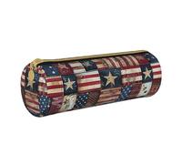 KCGSDEGV USA Flag Patchwork Printed Round Pencil Case Cute Leather Pencil Pouch Pen Bag Holder Stationery Organizer Box for School Girls Boys