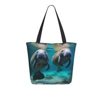 KCGSDEGV West Indian Manatees Printing Tote Bag for Women Large Handle Bag Lightweight Shoulder Bag with Zipper for Shopping School Work Travel