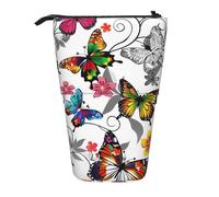 KCGSDEGV White Floral Pattern Colorful Butterflies Art Prints Standing Expandable Pencil Case Organiser for School Pens, Makeup & Travel for Students & Artists