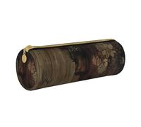 KCGSDEGV Wooden Board and Women Art Printed Round Pencil Case Cute Leather Pencil Pouch Pen Bag Holder Stationery Organizer Box for School Girls Boys