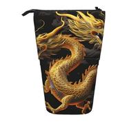 KCGSDEGV Yellow Dragon Black Background Prints Standing Expandable Pencil Case Organiser for School Pens, Makeup & Travel for Students & Artists