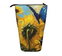 KCGSDEGV Yellow Sunflowers with Blue Butterflies Prints Standing Expandable Pencil Case Organiser for School Pens, Makeup & Travel for Students & Artists