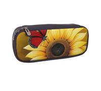 KCGSDEGV Yellow Sunflowers with Red Butterfly Printed Pen Pencil Cases for Students Girls Boys, Cute Leather Pencil Bag Pouch Holder Stationery Organizer for Kids Men Women
