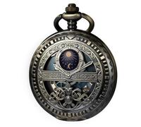 Kchss Hollow Moon Mechanical Pocket Watch Necklace Pendant Gift for Men, Men's Sun Moon Mechanical Pocket Watch Roman Digital Dial with Chain Gift Black