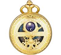 Kchss Hollow Moon Mechanical Pocket Watch Necklace Pendant Gift for Men, Men's Sun Moon Mechanical Pocket Watch Roman Digital Dial with Chain Gift, A-a. Gold, Black