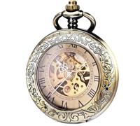 Kchss Mechanical Pocket Watch, for Men Women Special Magnifier Half Hunter Double Open Engraved Case Luxury Wooden Box with Chain Bronze