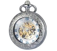 Kchss Mechanical Pocket Watch, for Men Women Special Magnifier Half Hunter Engraved Case Roman Numerals with Chain, A-b. Silver, Blue
