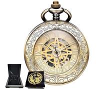 Kchss Mechanical Pocket Watch, for Men Women Special Magnifier Half Hunter Engraved Case Roman Numerals with Chain, B-d. Compass, Bronze, Gold + Wood Box, Vintage