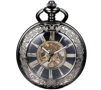 Kchss Mechanical Pocket Watch, for Men Women Special Magnifier Half Hunter Engraved Case Roman Numerals with Chain, A-c. Black, Black