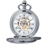 Kchss Mechanical Pocket Watch with Chain - Retro Smooth Classic Handwind - Roman Numerals for Men & Women, A-b. Silver, Blue