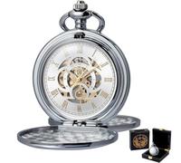 Kchss Mechanical Pocket Watch with Chain - Retro Smooth Classic Handwind - Roman Numerals for Men & Women, A-a. Silver, Wooden Box