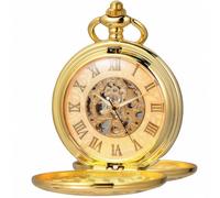 Kchss Mechanical Roman Numerals Dial Skeleton Pocket Watches with Box and Chains for Mens Women, A-b. Gold, Gold