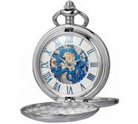 Kchss Mechanical Roman Numerals Dial Skeleton Pocket Watches with Box and Chains for Mens Women, A-c. Silver, Blue