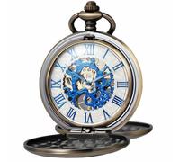 Kchss Mechanical Roman Numerals Dial Skeleton Pocket Watches with Box and Chains for Mens Women, A-d. Bronze, Blue