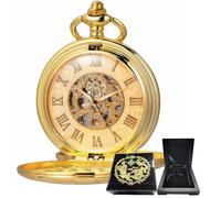 Kchss Mechanical Roman Numerals Dial Skeleton Pocket Watches with Box and Chains for Mens Women, A-f. Gold + Wood Box