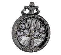 Kchss Pocket Watch Hollow Tree Design Roman Numerals Quartz with Single Albert Chain Pendant (Black)