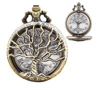 Kchss Pocket Watch Hollow Tree Design Roman Numerals Quartz with Single Albert Chain Pendant (Bronze)