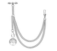 Kchss Single Albert Pocket Watch Chain for Men T-Bar with Tree Design Pendant Silver