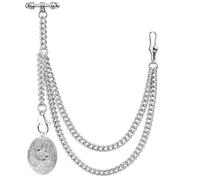 Kchss Single Albert Pocket Watch Chain T-Bar with Elegant Locket Pendant Silver