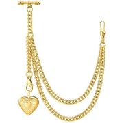 Kchss Single Albert Pocket Watch Chain T-Bar with Gold Heart Locket Pendant