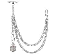 Kchss Single Albert Pocket Watch Chain T-Bar with Hollow Round Lantern Pendant Silver