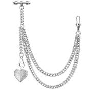 Kchss Single Albert Pocket Watch Chain T-Bar with Silver Heart Locket Pendant