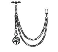 Kchss Single Albert Pocket Watch Chain T-Bar with Tree Design Pendant Black