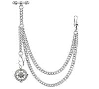 Kchss Single Albert Pocket Watch Chain T-Bar with with Pendant, 4. Silver Compass