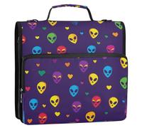 Kcldeci 3 Ring 1.5 Inch Zipper Binder, Alien Head on Purple 500 Sheet Organizer Binder Bag with Shoulder Strap Expanding Files for School and Office