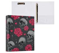 Kcldeci 3 Ring Binder Hardcover,Skull and Rose Heart 1.5 Inch Round Rings with Interior Pockets School Office Recipe Cards Binder Organizer 1Pack