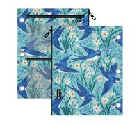 Kcldeci 3 Ring Pencil Pouch for Binder,Blue Swallows and Daffodils Zipper Binder Pencil Pouch, Durable Organizer for School Supplies