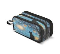 Kcldeci Big 3-Compartment Printed Pencil Case,Cat Blue Starry Night Large Capacity Pen Pouch for 75 Pencils, School Office Travel Organizer, Makeup & Cable Bag for Teens Adults