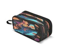 Kcldeci Big 3-Compartment Printed Pencil Case,Cat Riding A Shark Large Capacity Pen Pouch for 75 Pencils, School Office Travel Organizer, Makeup & Cable Bag for Teens Adults