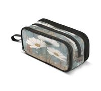 Kcldeci Big 3-Compartment Printed Pencil Case,Daisies on Wooden Large Capacity Pen Pouch for 75 Pencils, School Office Travel Organizer, Makeup & Cable Bag for Teens Adults