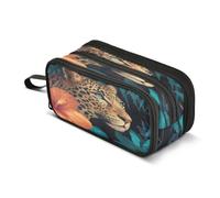 Kcldeci Big 3-Compartment Printed Pencil Case,Leopard's Head Leaves Large Capacity Pen Pouch for 75 Pencils, School Office Travel Organizer, Makeup & Cable Bag for Teens Adults