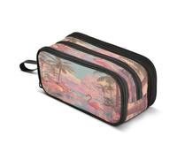 Kcldeci Big 3-Compartment Printed Pencil Case,Ocean Beach Flamingo1 Large Capacity Pen Pouch for 75 Pencils, School Office Travel Organizer, Makeup & Cable Bag for Teens Adults