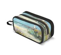 Kcldeci Big 3-Compartment Printed Pencil Case,Ocean Seaside Bicycle Large Capacity Pen Pouch for 75 Pencils, School Office Travel Organizer, Makeup & Cable Bag for Teens Adults