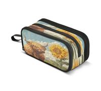 Kcldeci Big 3-Compartment Printed Pencil Case,Sunflower Highland Cow Large Capacity Pen Pouch for 75 Pencils, School Office Travel Organizer, Makeup & Cable Bag for Teens Adults