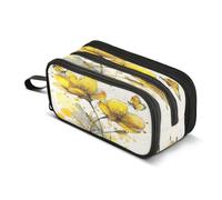 Kcldeci Big 3-Compartment Printed Pencil Case,Yellow Floral Butterflies Large Capacity Pen Pouch for 75 Pencils, School Office Travel Organizer, Makeup & Cable Bag for Teens Adults